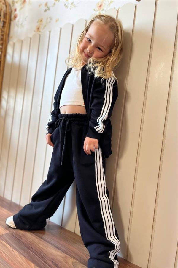 Unisex 3 İplik Fermuarlı Siyah Beyaz Çizgili Takım