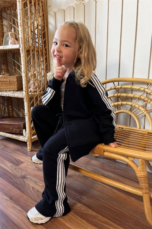 Unisex 3 İplik Fermuarlı Siyah Beyaz Çizgili Takım