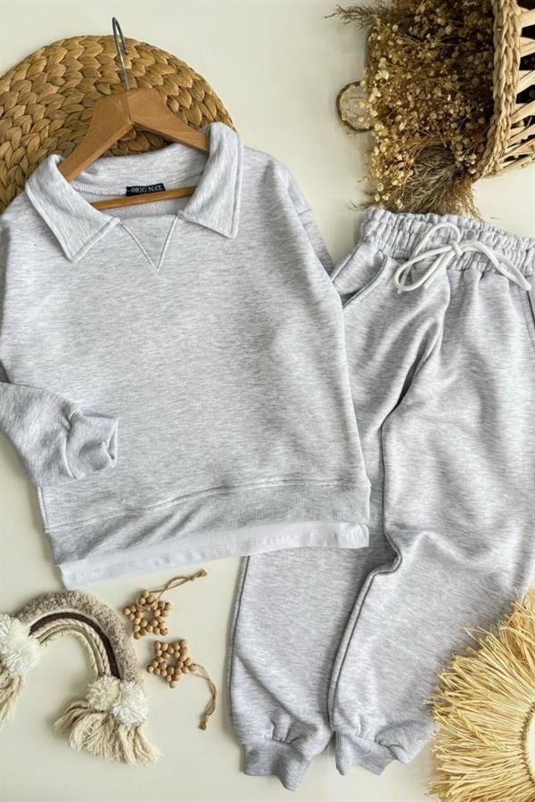 Unisex 3 İplik Gömlek Yaka Detaylı Gri Takım