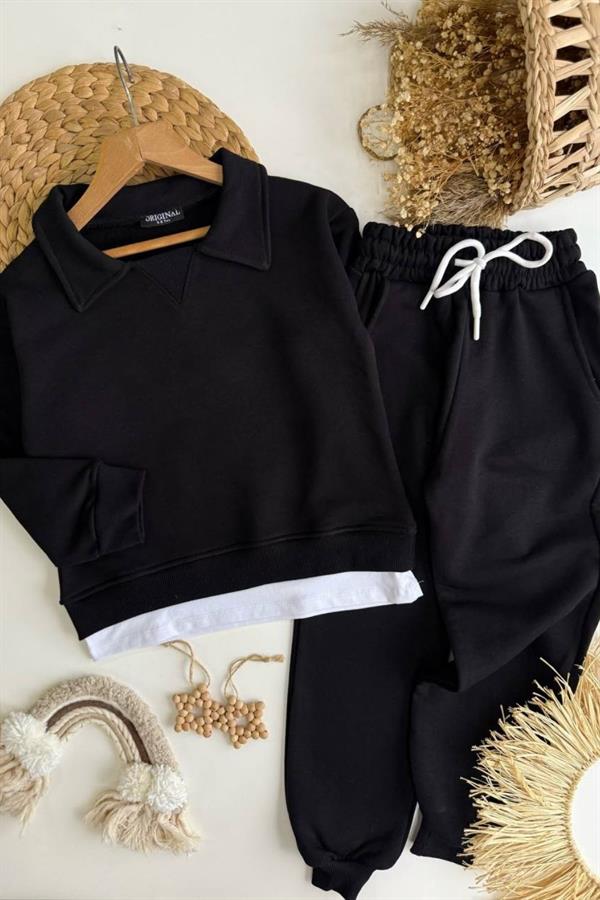Unisex 3 İplik Gömlek Yaka Detaylı Siyah Takım