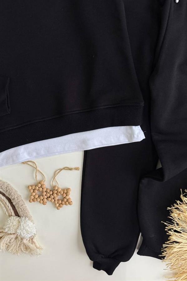 Unisex 3 İplik Gömlek Yaka Detaylı Siyah Takım