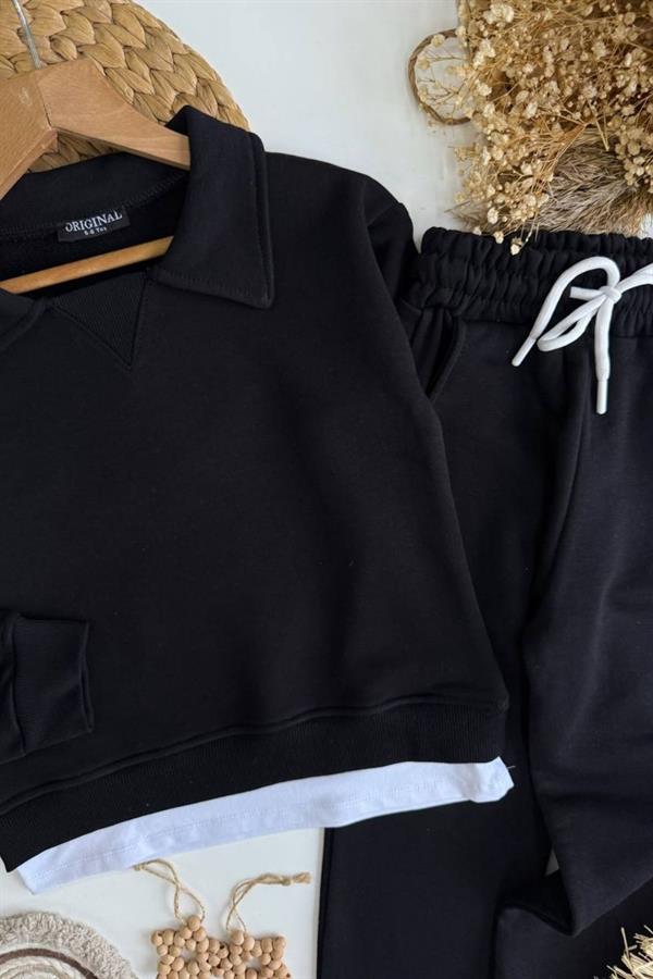 Unisex 3 İplik Gömlek Yaka Detaylı Siyah Takım