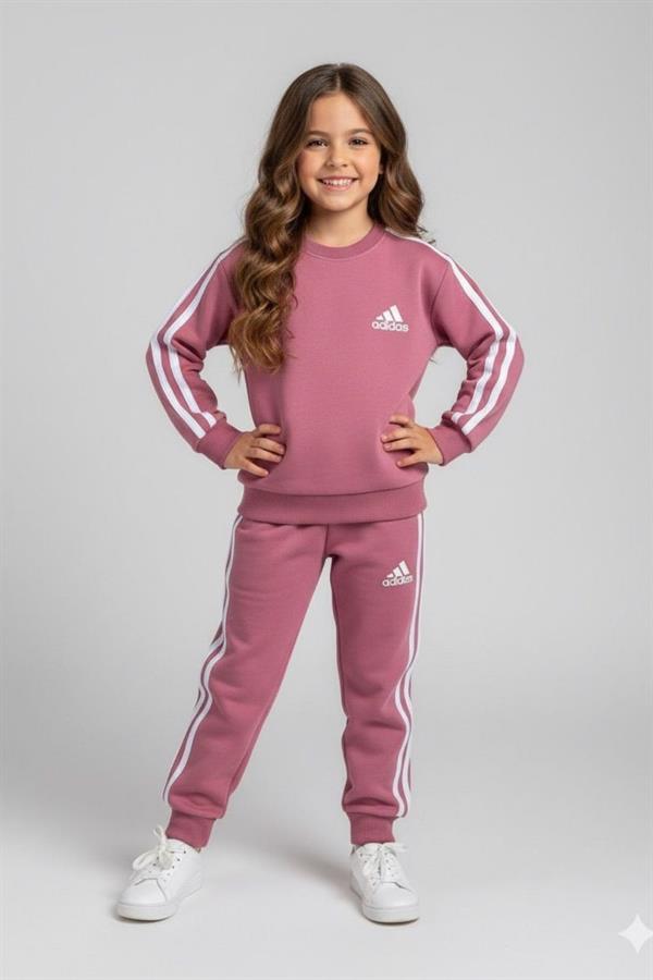 Unisex 3 İplik Gül Kurusu Çizgili Adids Takım