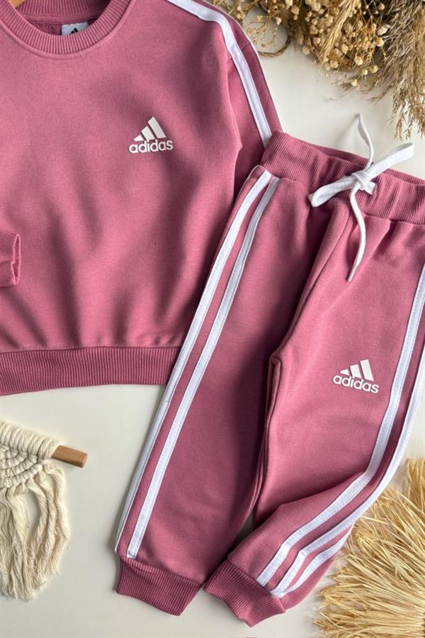 Unisex 3 İplik Gül Kurusu Çizgili Adids Takım