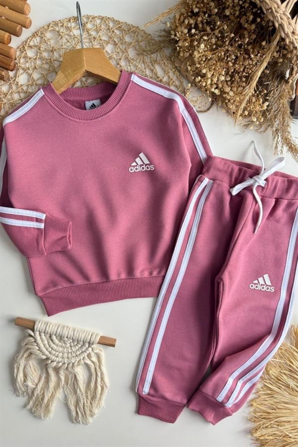 Unisex 3 İplik Gül Kurusu Çizgili Adids Takım