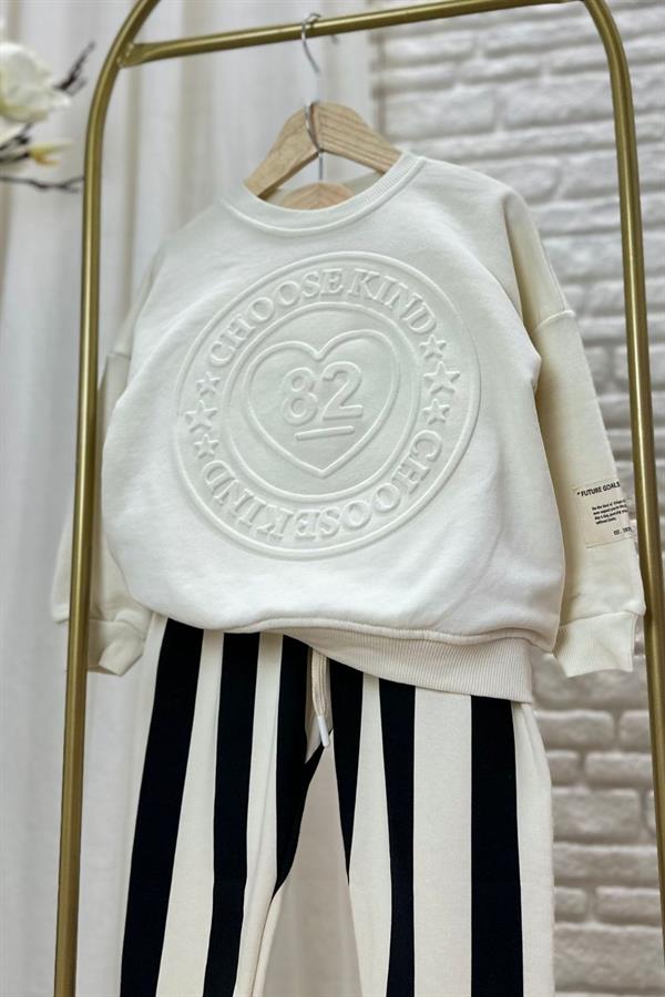 Unisex 3 İplik Kabartma Baskı Siyah Beyaz Çizgili Takım