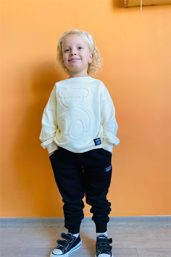 Unisex 3 İplik  Kapartma Baskı Ayıcıklı Ekru Takım