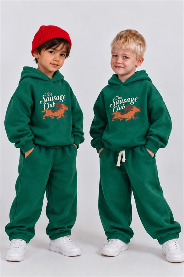 Unisex  3 İplik Kapüşonlu Dog Baskı Yeşil Takım
