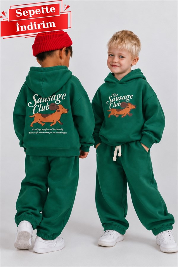 Unisex  3 İplik Kapüşonlu Dog Baskı Yeşil Takım