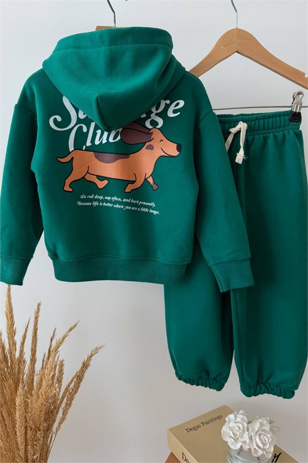 Unisex  3 İplik Kapüşonlu Dog Baskı Yeşil Takım