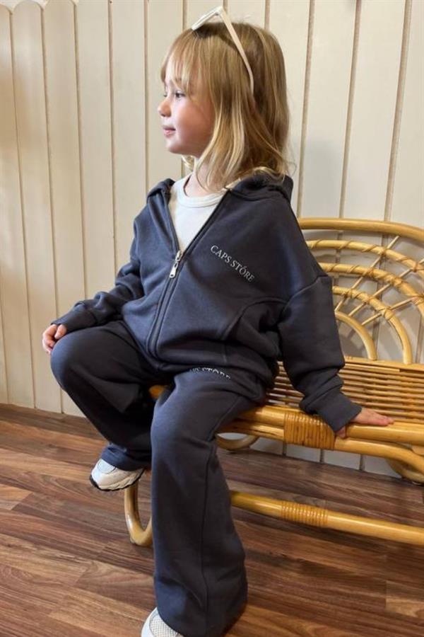 Unisex 3 İplik Kapüşonlu Fermuarlı Antrasit İkili Takım