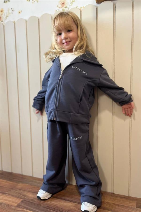 Unisex 3 İplik Kapüşonlu Fermuarlı Antrasit İkili Takım