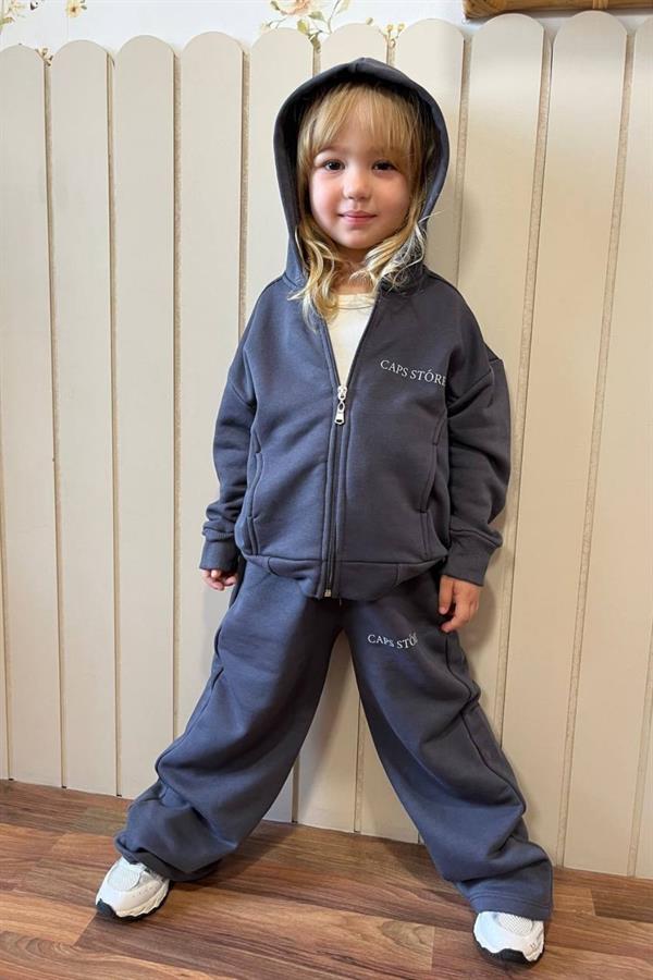 Unisex 3 İplik Kapüşonlu Fermuarlı Antrasit İkili Takım