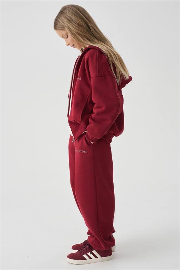 Unisex 3 İplik Kapüşonlu Fermuarlı Bordo İkili Takım