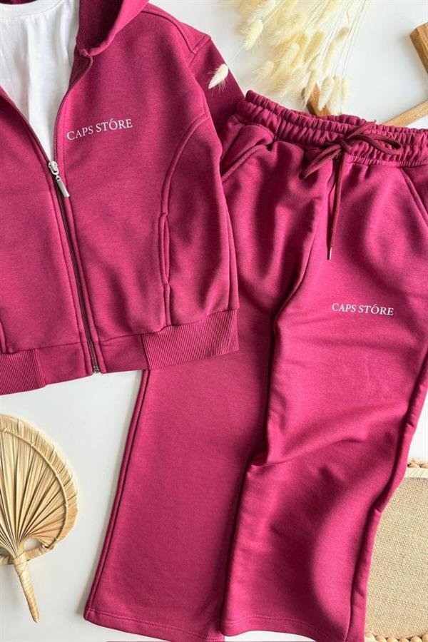 Unisex 3 İplik Kapüşonlu Fermuarlı Bordo İkili Takım