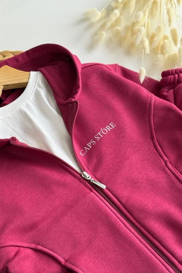 Unisex 3 İplik Kapüşonlu Fermuarlı Bordo İkili Takım