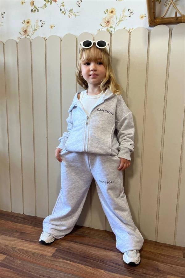 Unisex 3 İplik Kapüşonlu Fermuarlı Gri İkili Takım