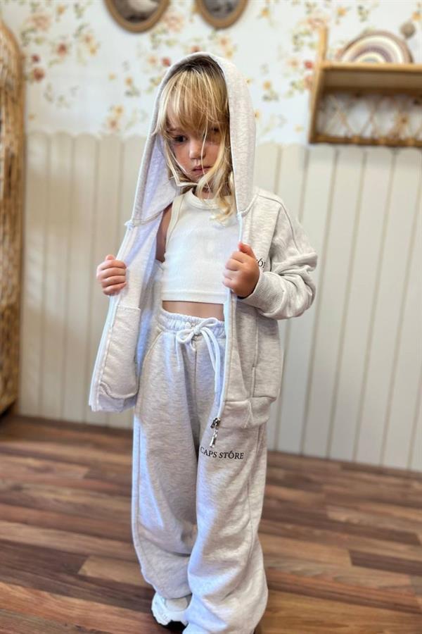 Unisex 3 İplik Kapüşonlu Fermuarlı Gri İkili Takım