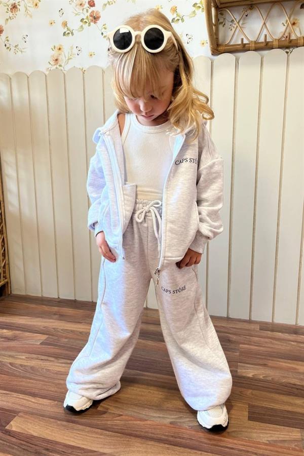 Unisex 3 İplik Kapüşonlu Fermuarlı Gri İkili Takım