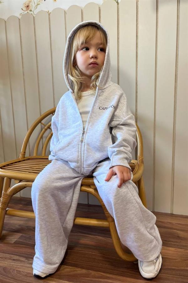Unisex 3 İplik Kapüşonlu Fermuarlı Gri İkili Takım