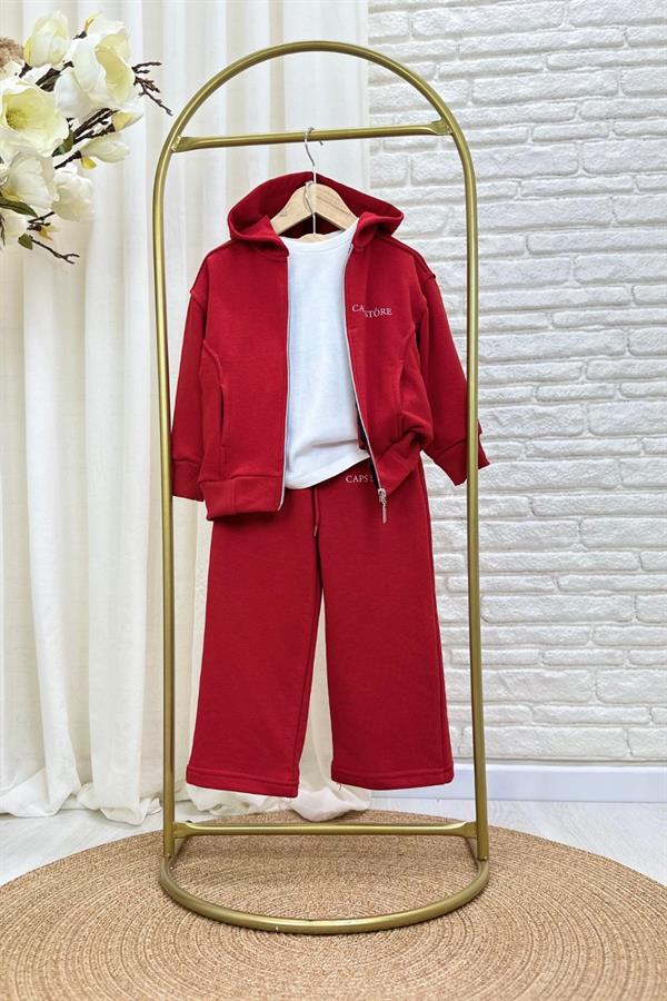 Unisex 3 İplik Kapüşonlu Fermuarlı Kırmızı İkili Takım