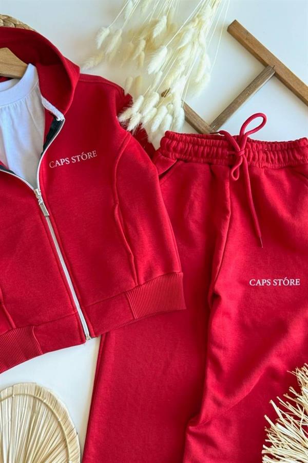 Unisex 3 İplik Kapüşonlu Fermuarlı Kırmızı İkili Takım