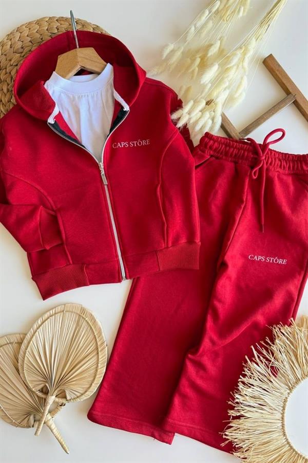 Unisex 3 İplik Kapüşonlu Fermuarlı Kırmızı İkili Takım