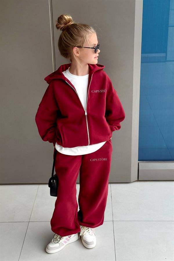 Unisex 3 İplik Kapüşonlu Fermuarlı Kırmızı İkili Takım