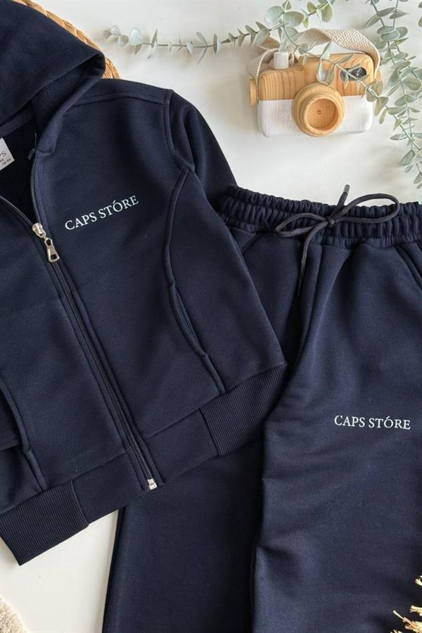 Unisex 3 İplik Kapüşonlu Fermuarlı Lacivert  İkili Takım