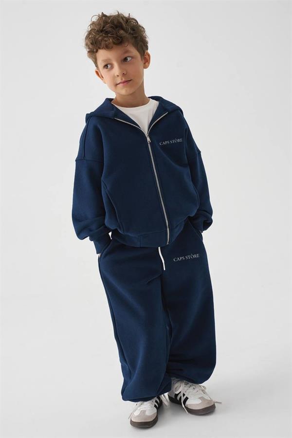 Unisex 3 İplik Kapüşonlu Fermuarlı Lacivert  İkili Takım