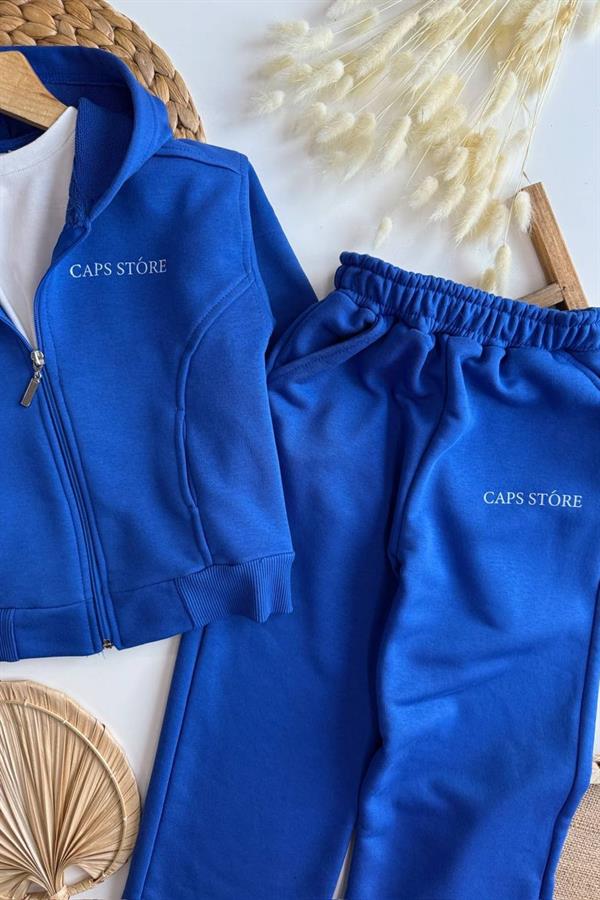 Unisex 3 İplik Kapüşonlu Fermuarlı Mavi İkili Takım