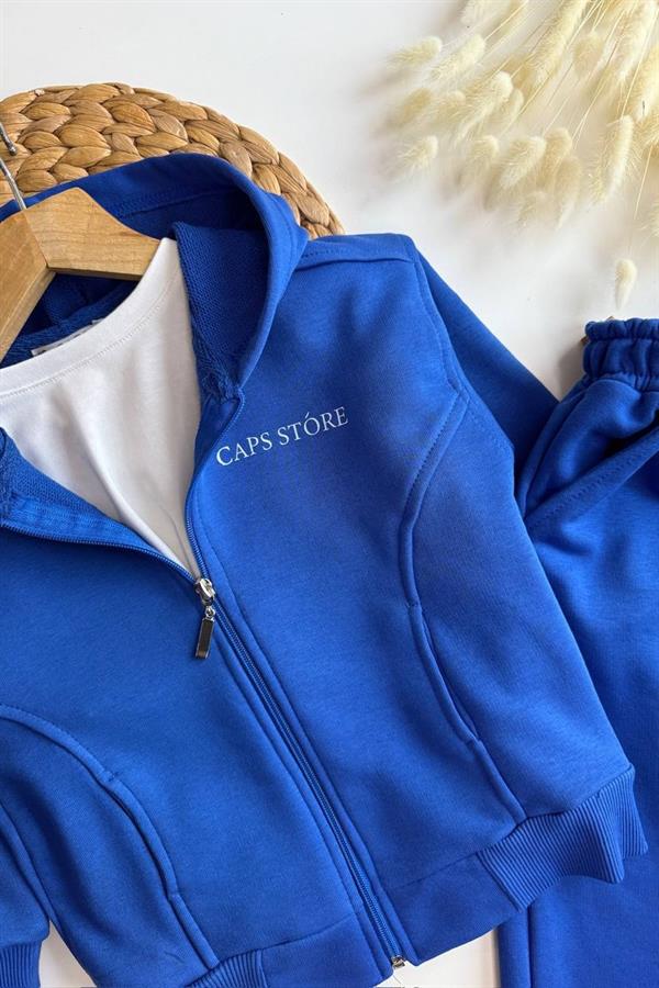 Unisex 3 İplik Kapüşonlu Fermuarlı Mavi İkili Takım