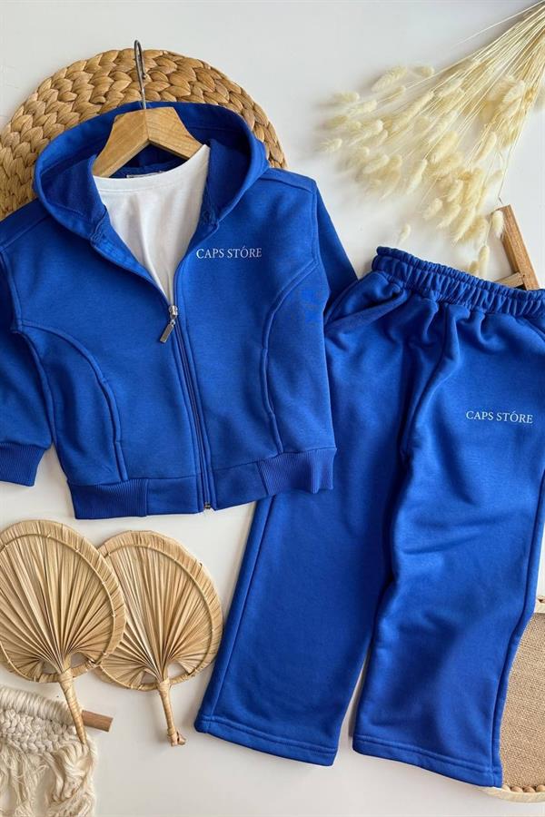 Unisex 3 İplik Kapüşonlu Fermuarlı Mavi İkili Takım