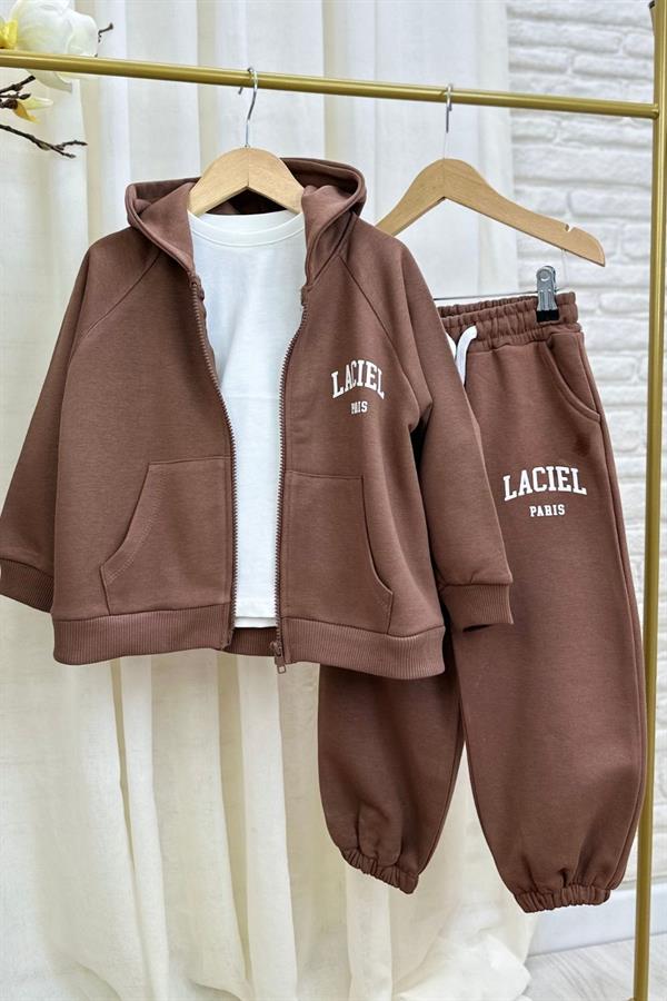 Unisex 3 İplik Kapüşonlu Laciel Fermuarlı Kahve Takım