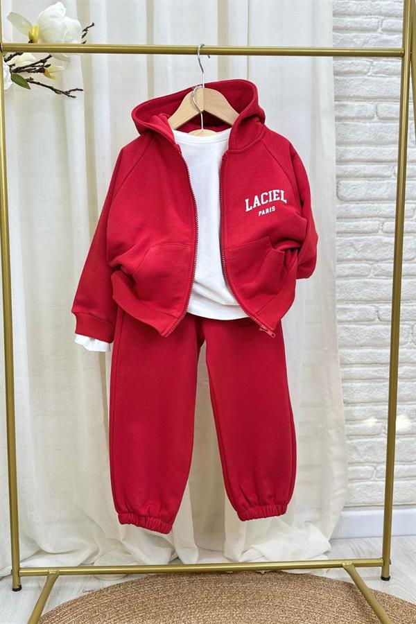 Unisex 3 İplik Kapüşonlu Laciel Fermuarlı Kırmızı Takım