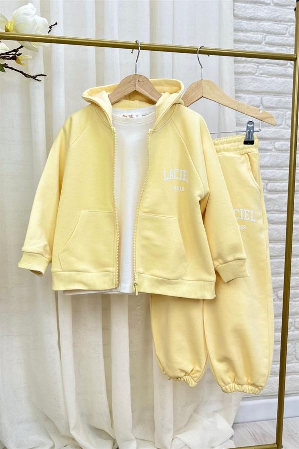 Unisex 3 İplik Kapüşonlu Laciel Fermuarlı Sarı  Takım