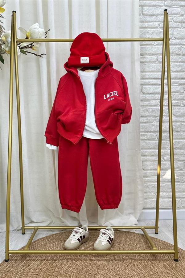 Unisex 3 İplik Kapüşonlu Laciel Fermuarlı Kırmızı Takım