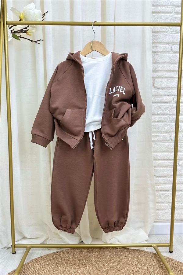 Unisex 3 İplik Kapüşonlu Laciel Fermuarlı Kahve Takım