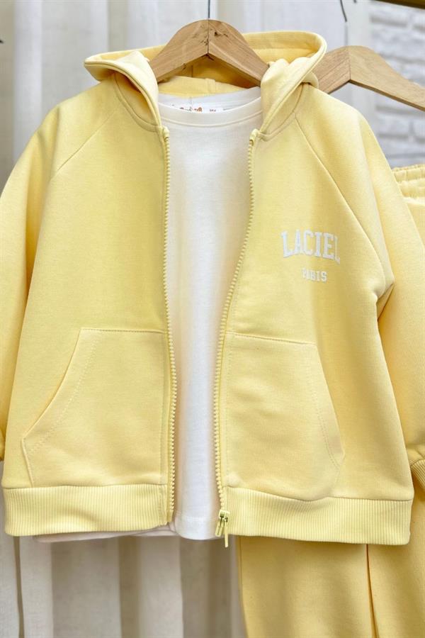 Unisex 3 İplik Kapüşonlu Laciel Fermuarlı Sarı  Takım