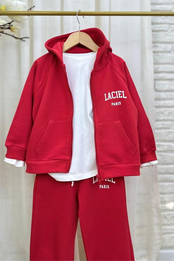 Unisex 3 İplik Kapüşonlu Laciel Fermuarlı Kırmızı Takım