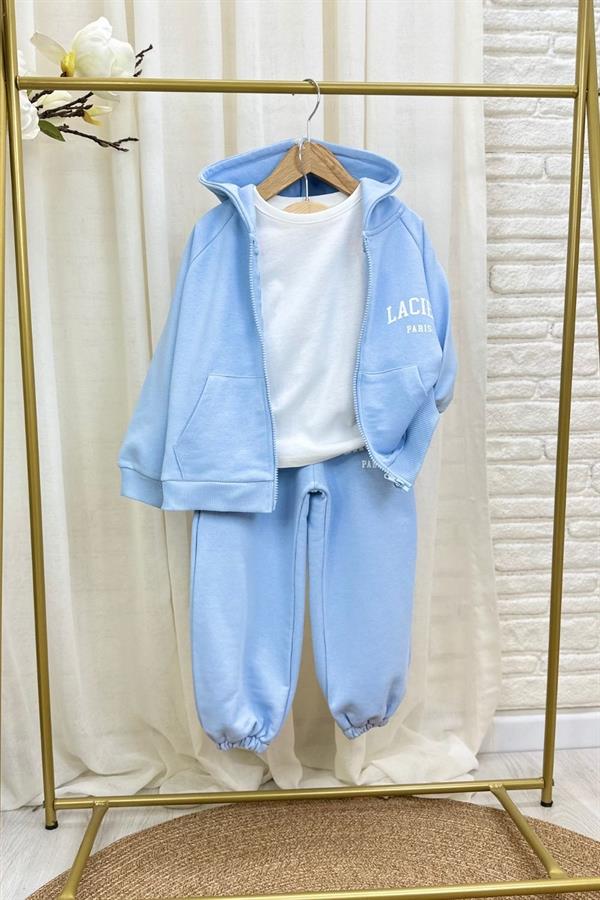 Unisex 3 İplik Kapüşonlu Laciel Fermuarlı Mavi Takım