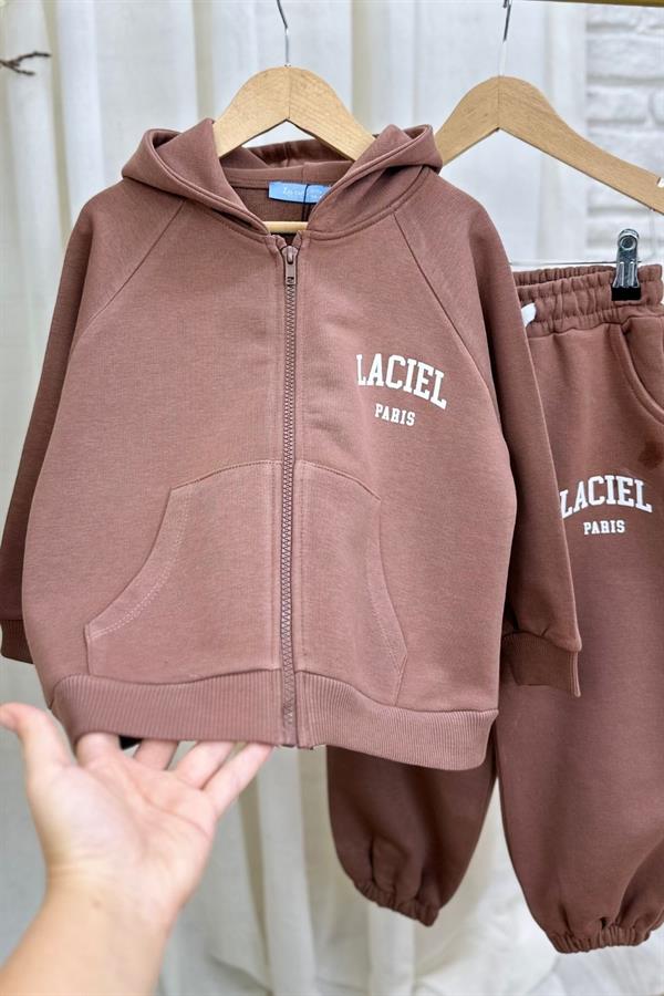 Unisex 3 İplik Kapüşonlu Laciel Fermuarlı Kahve Takım