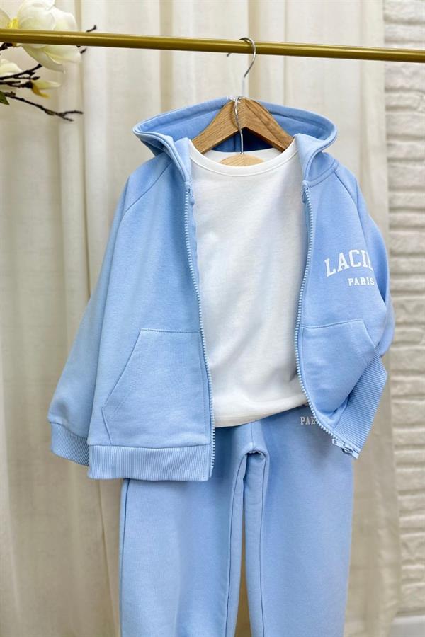 Unisex 3 İplik Kapüşonlu Laciel Fermuarlı Mavi Takım