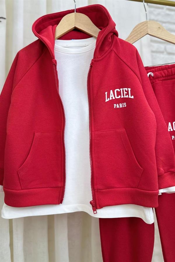 Unisex 3 İplik Kapüşonlu Laciel Fermuarlı Kırmızı Takım