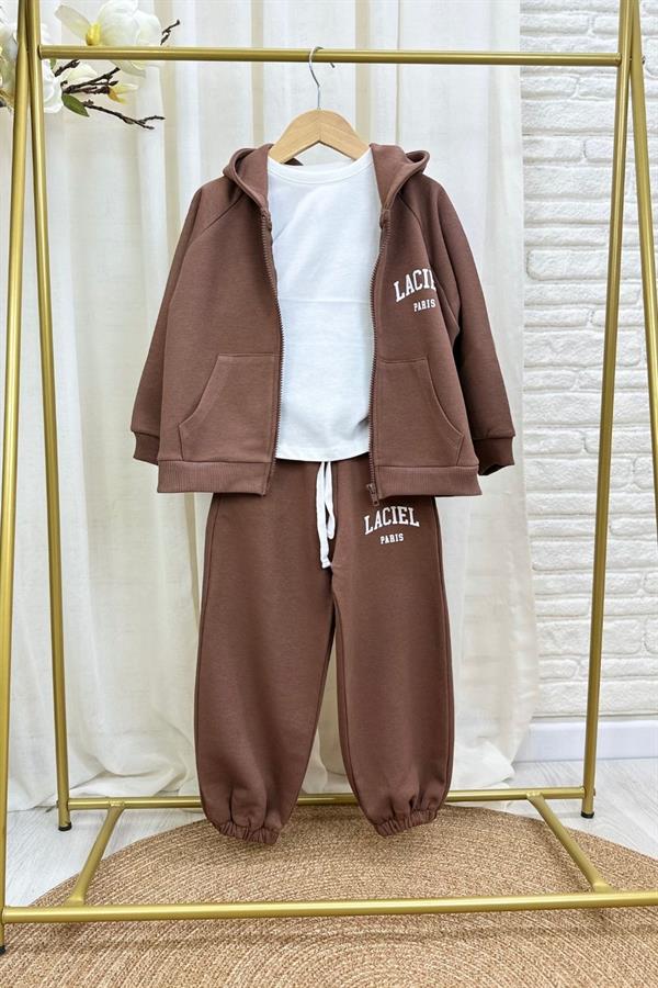 Unisex 3 İplik Kapüşonlu Laciel Fermuarlı Kahve Takım