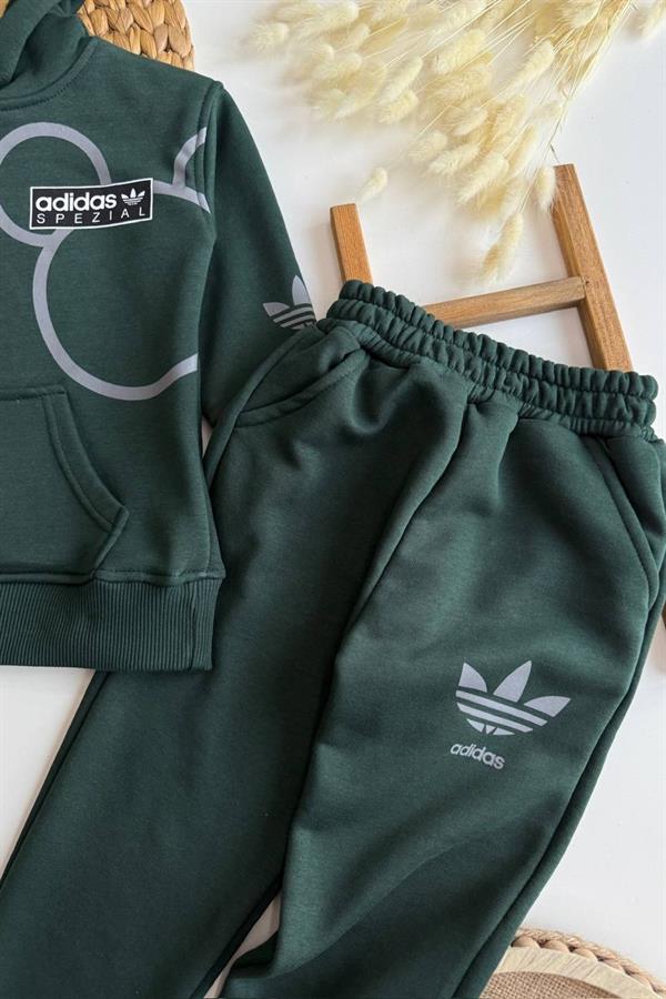 Unisex 3 İplik Kapüşonlu Yeşil Adids Takım