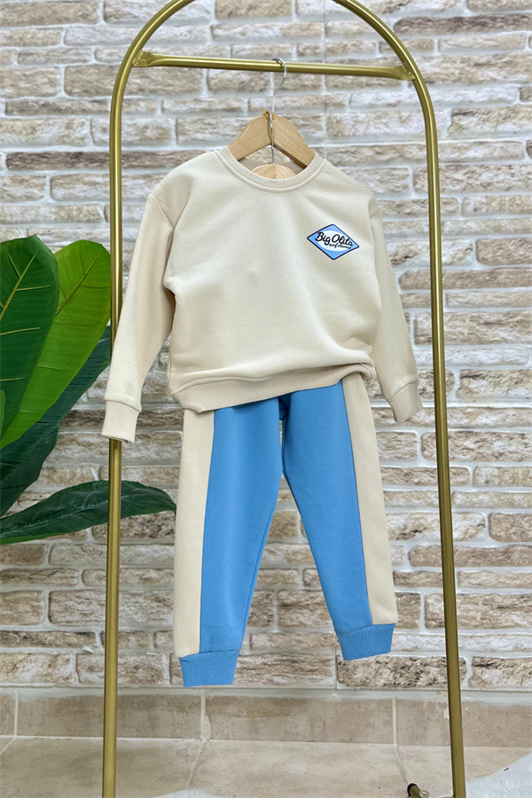 Unisex 3 İplik Krem Mavili Takım