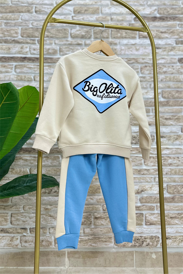 Unisex 3 İplik Krem Mavili Takım