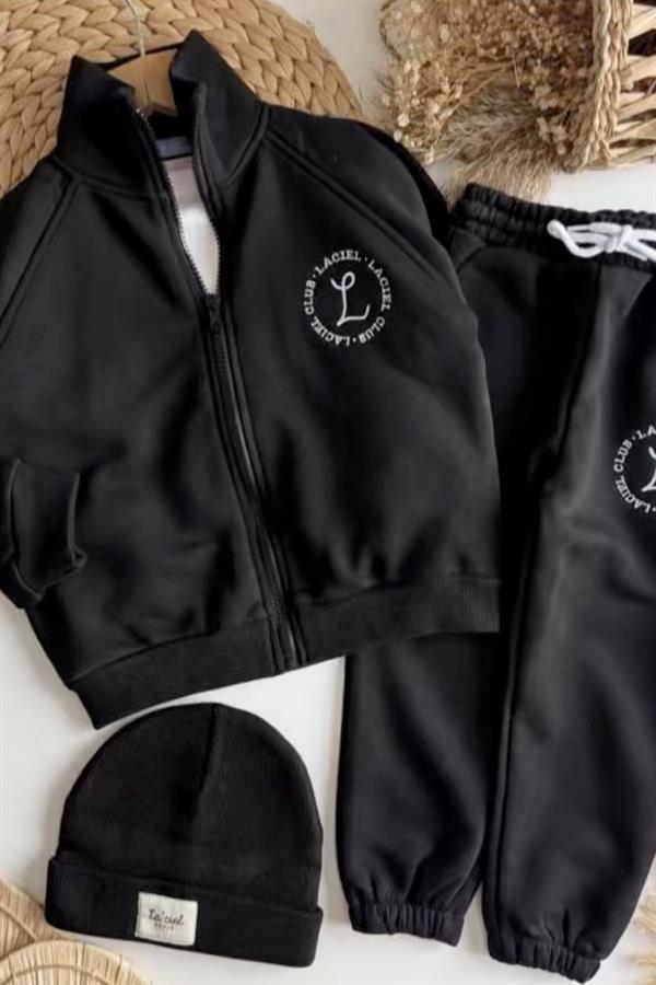 Unisex 3 İplik Laciel Fermuarlı Siyah Takım