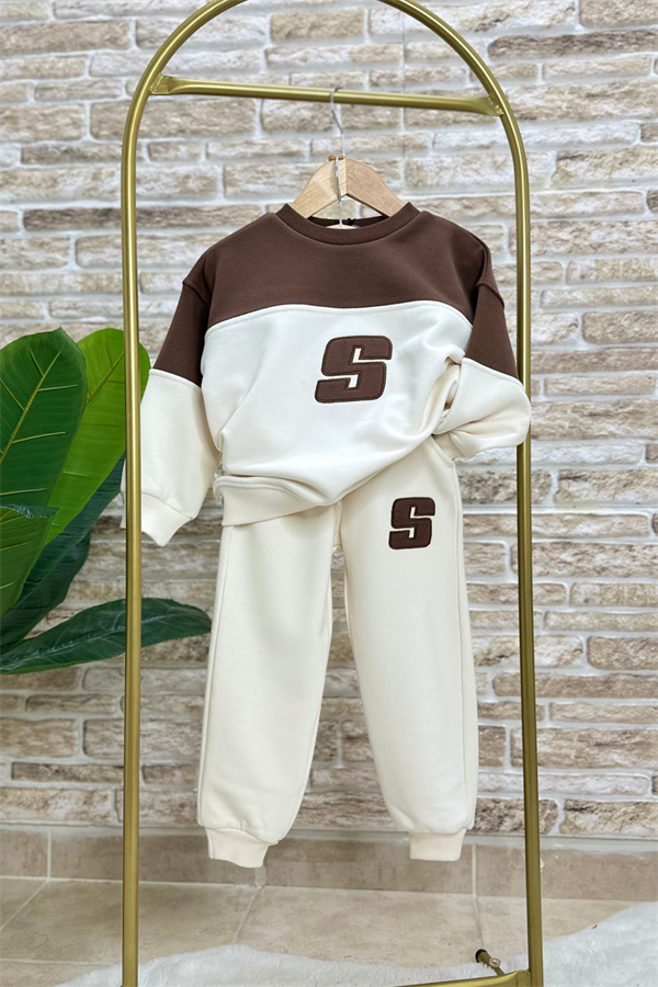 Unisex 3 İplik S Sloganlı Bej Kahve Takım